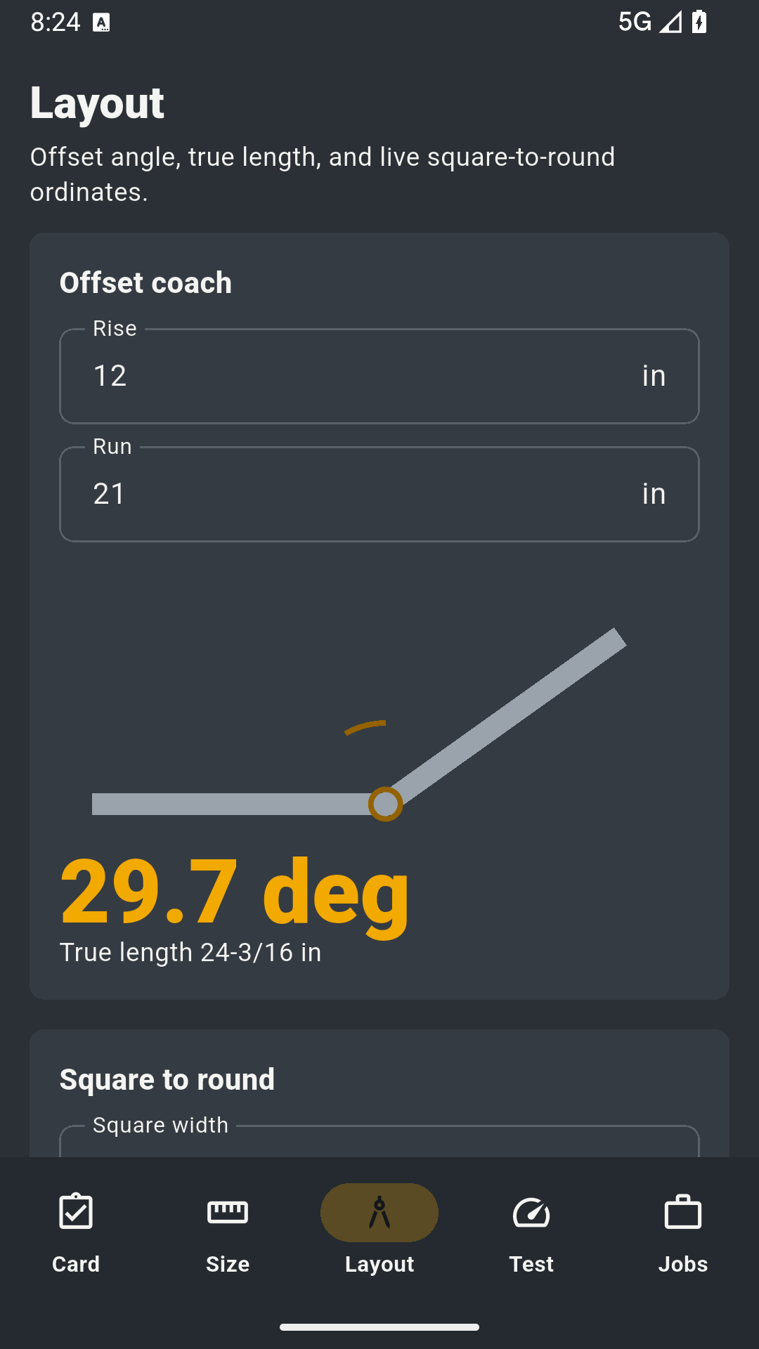 Layout calculator with offset angle and true length