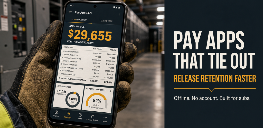 Pay App SOV app preview with billing and closeout screens